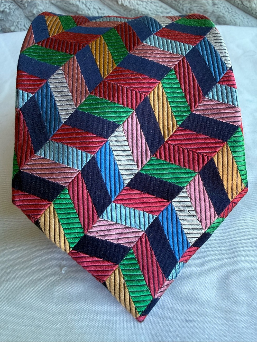 Paul Fredrick All Silk Multicolor Geometric Pattern Men's Tie 3.5” Navy Red